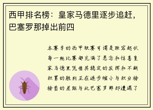 西甲排名榜：皇家马德里逐步追赶，巴塞罗那掉出前四